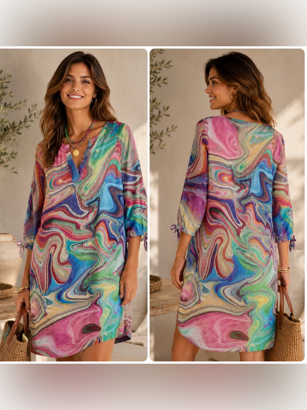 New! Vilagallo Multicolor Swirl V- Neck Mini Tunic Dress 🐠 Medium